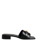 Versace | Black Leather Logo Plaque Slip On Slides Flats Shoes