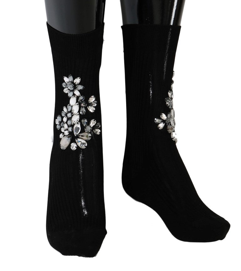 Dolce & Gabbana | Black Knitted Floral Clear Crystal Socks