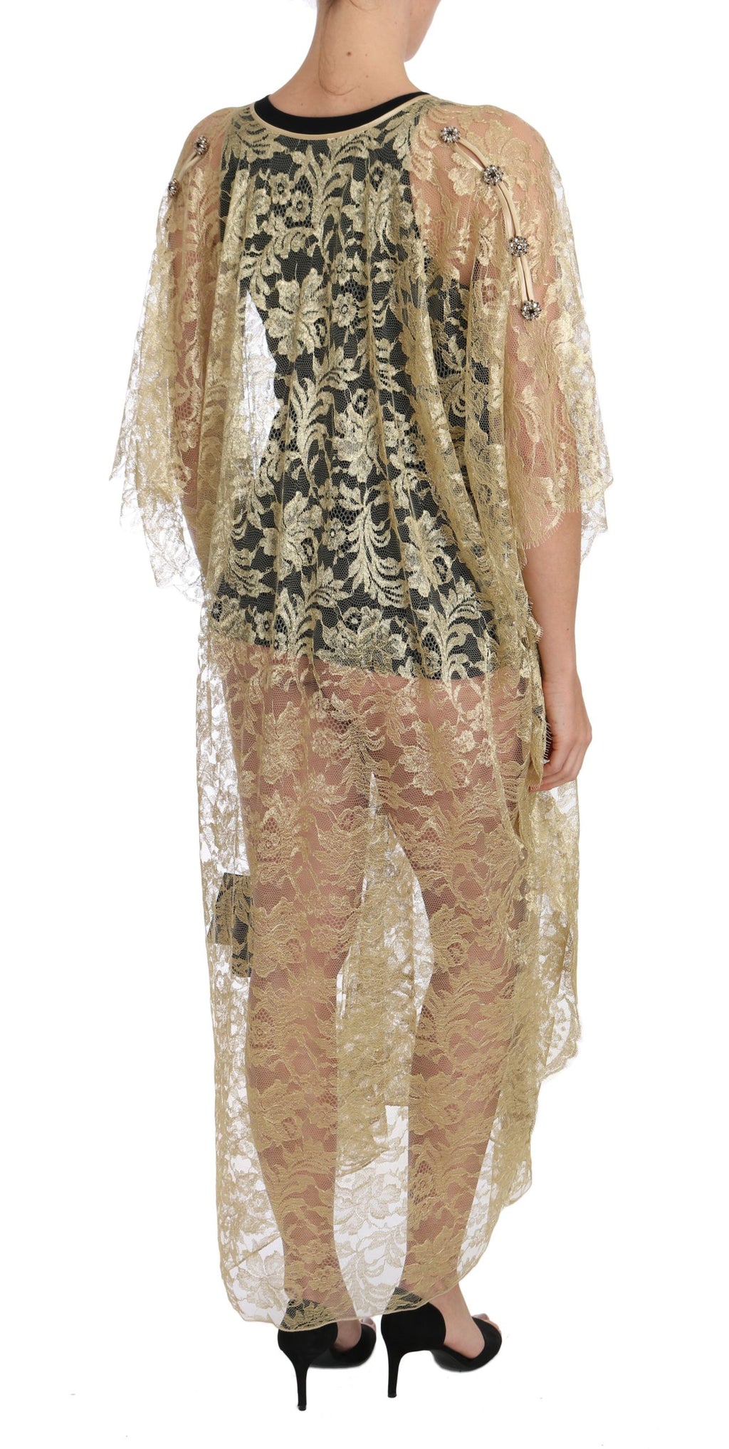 Dolce & Gabbana | Gold Floral Lace Crystal Gown Cape Dress