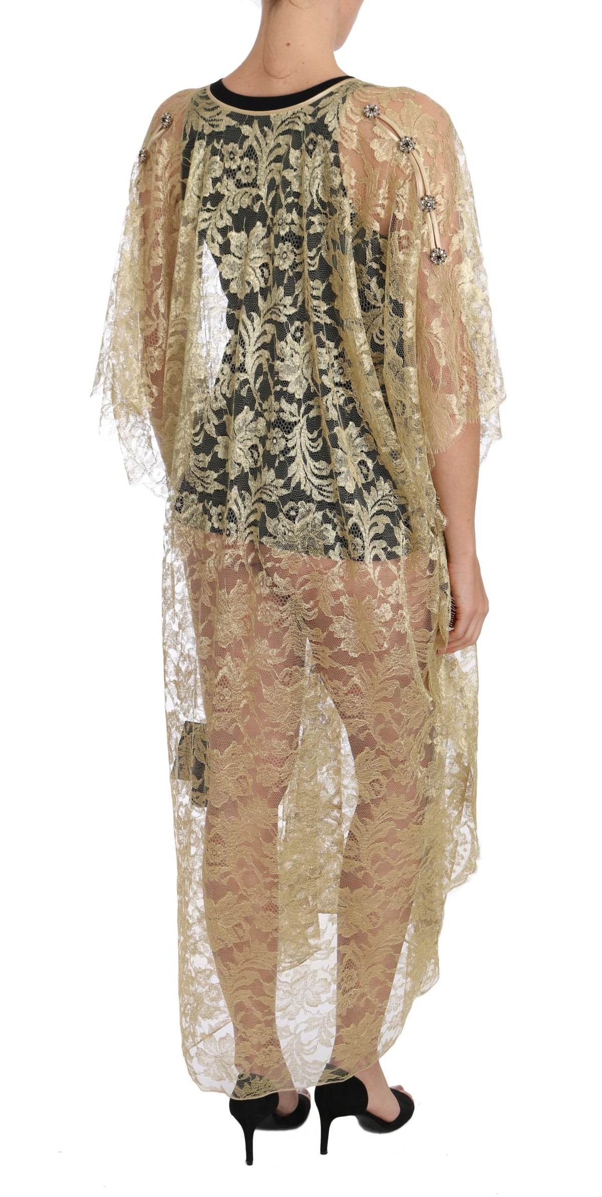 Dolce & Gabbana | Gold Floral Lace Crystal Gown Cape Dress