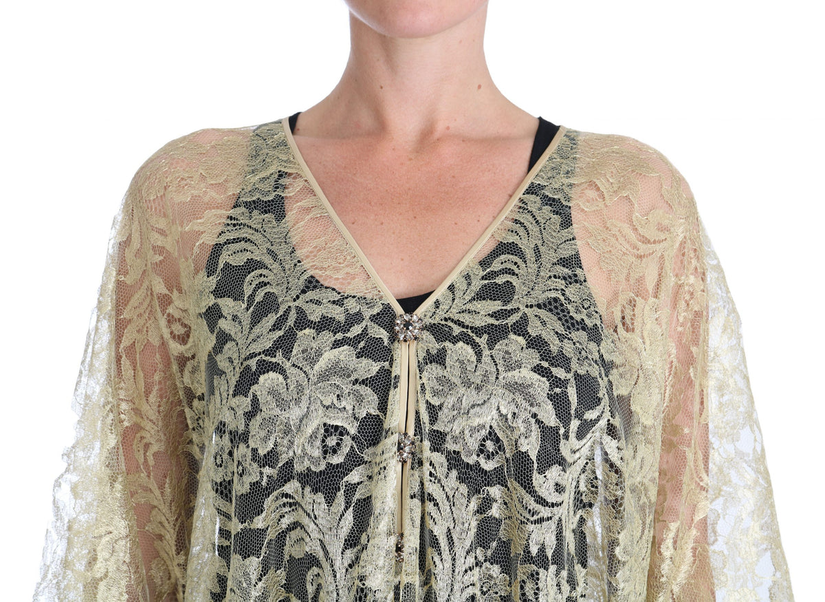 Dolce & Gabbana | Gold Floral Lace Crystal Gown Cape Dress