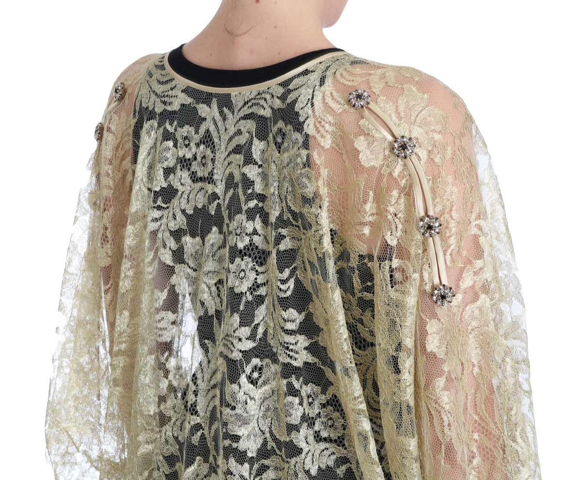 Dolce & Gabbana | Gold Floral Lace Crystal Gown Cape Dress