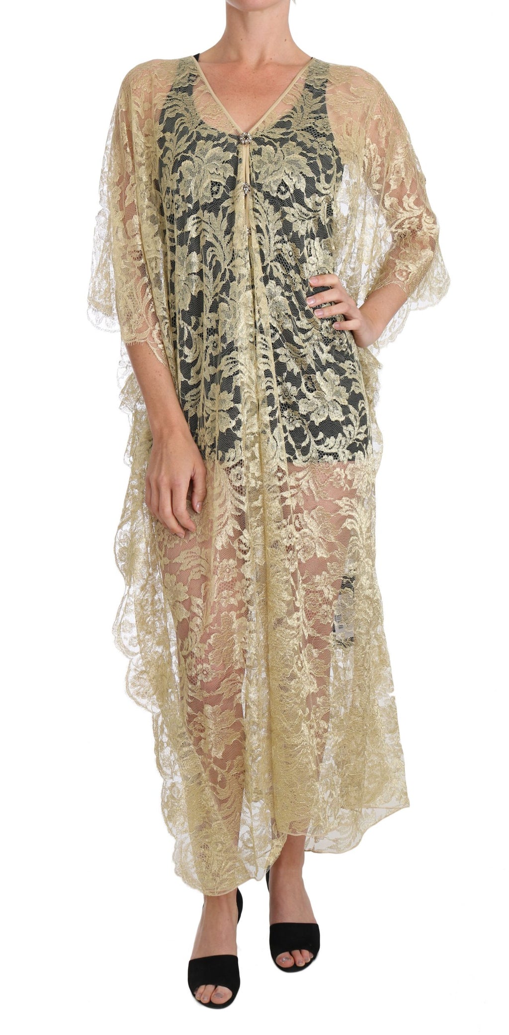 Dolce & Gabbana | Gold Floral Lace Crystal Gown Cape Dress