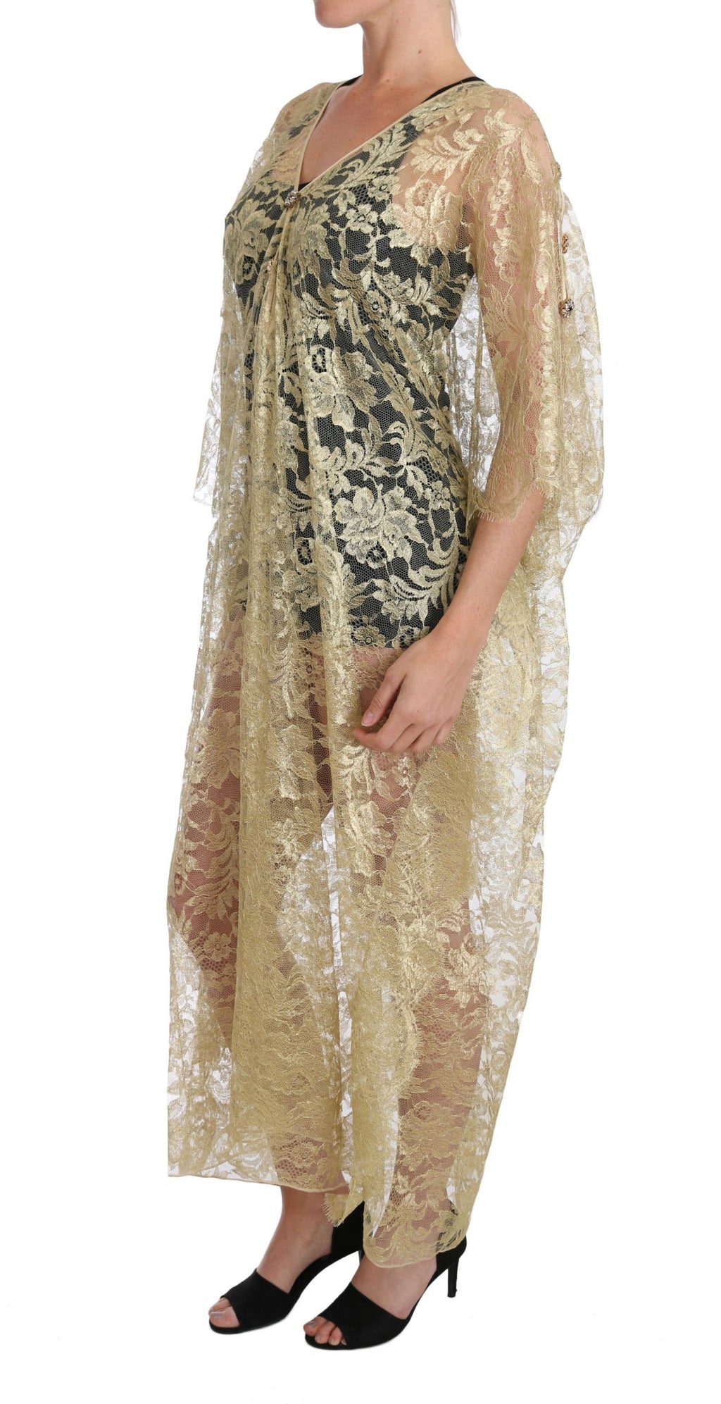 Dolce & Gabbana | Gold Floral Lace Crystal Gown Cape Dress