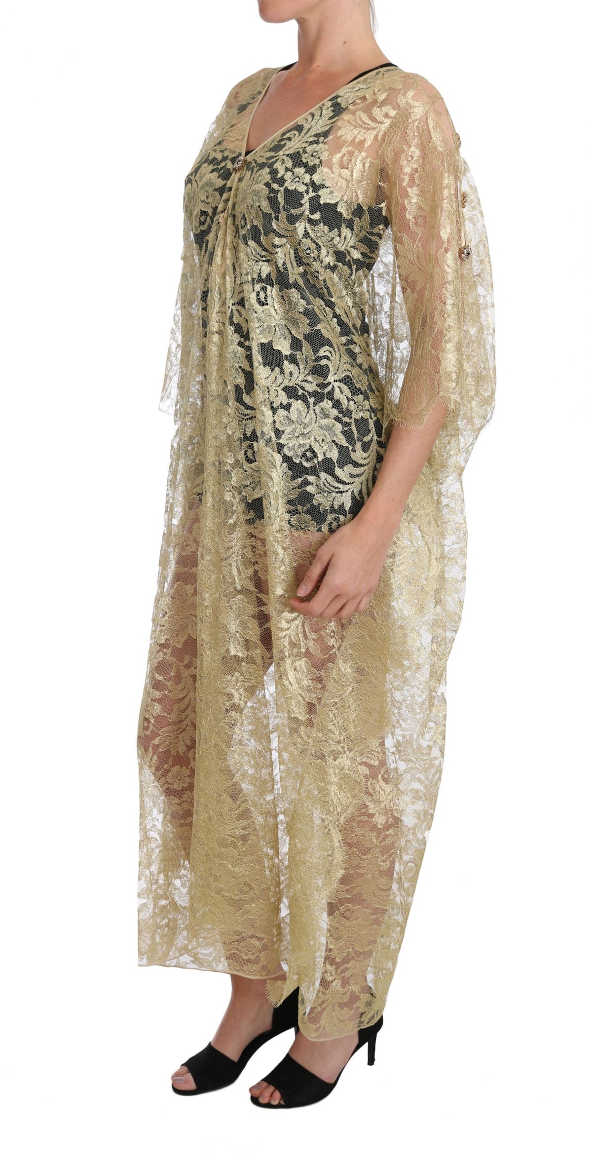 Dolce & Gabbana | Gold Floral Lace Crystal Gown Cape Dress