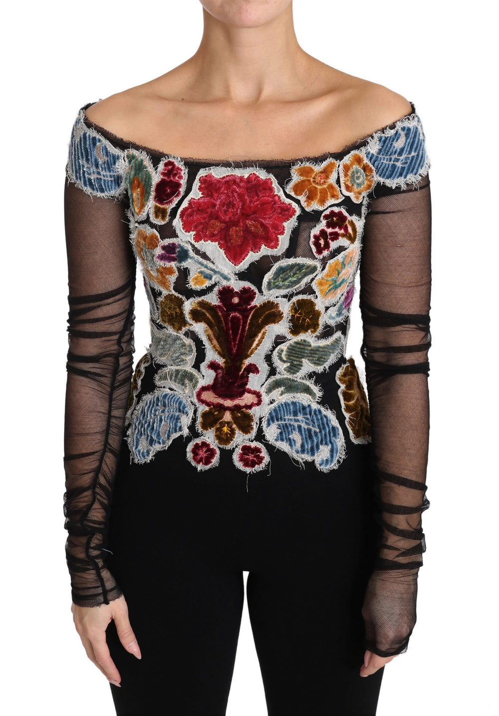 Dolce & Gabbana | Black Floral Ricamo Top T-shirt Blouse