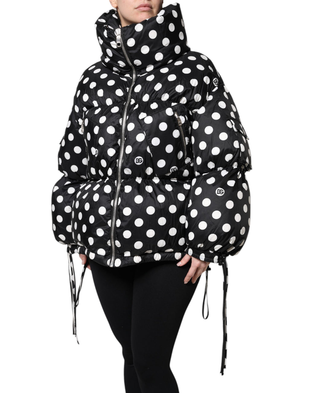 Dolce & Gabbana | Black White Polka Dot Full Zip Puffer Jacket