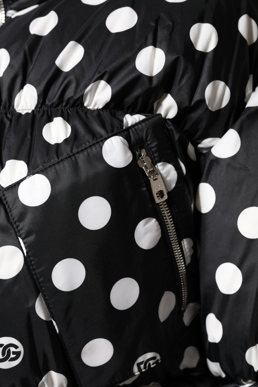 Dolce & Gabbana | Black White Polka Dot Full Zip Puffer Jacket