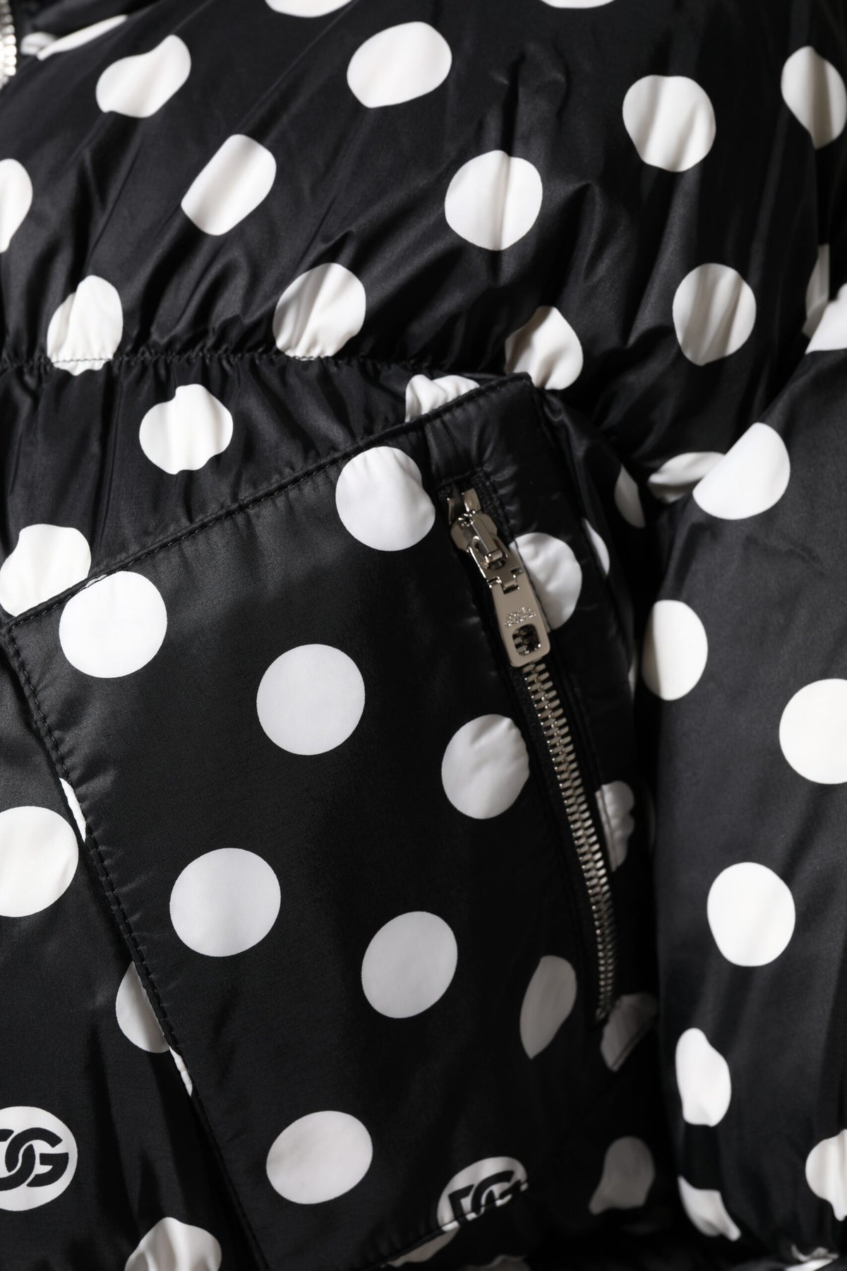 Dolce & Gabbana | Black White Polka Dot Full Zip Puffer Jacket