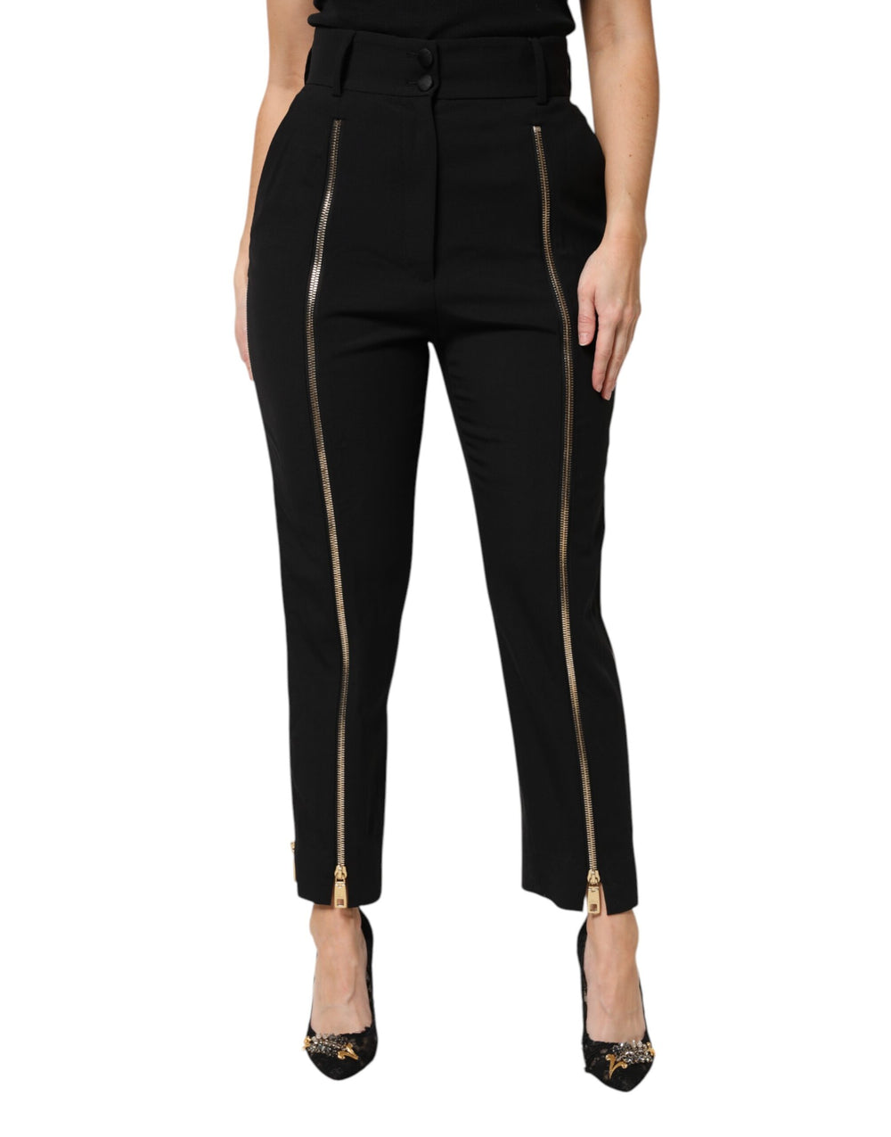 Dolce & Gabbana | Black Wool High Waist Zipper Tapered Pants