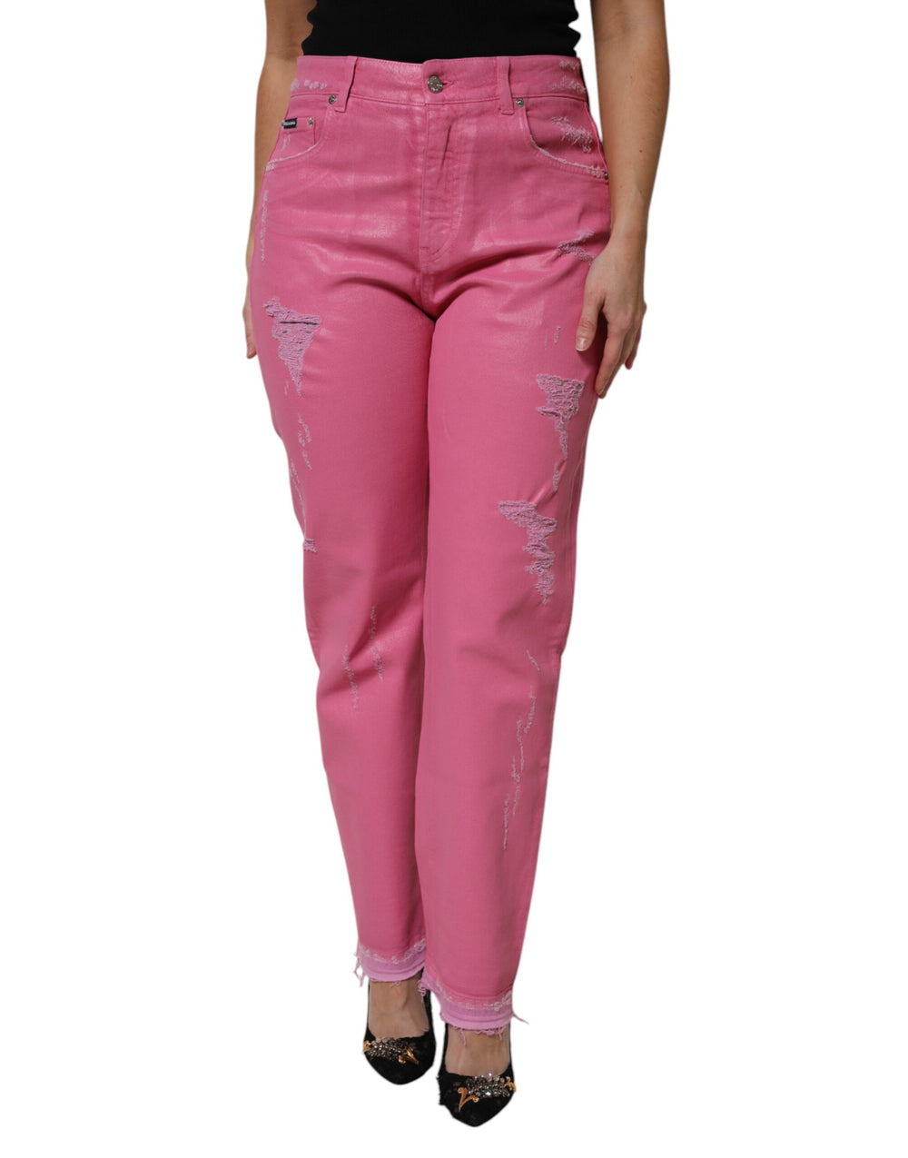 Dolce & Gabbana | Pink Tattered Mid Waist Tapered Denim Jeans