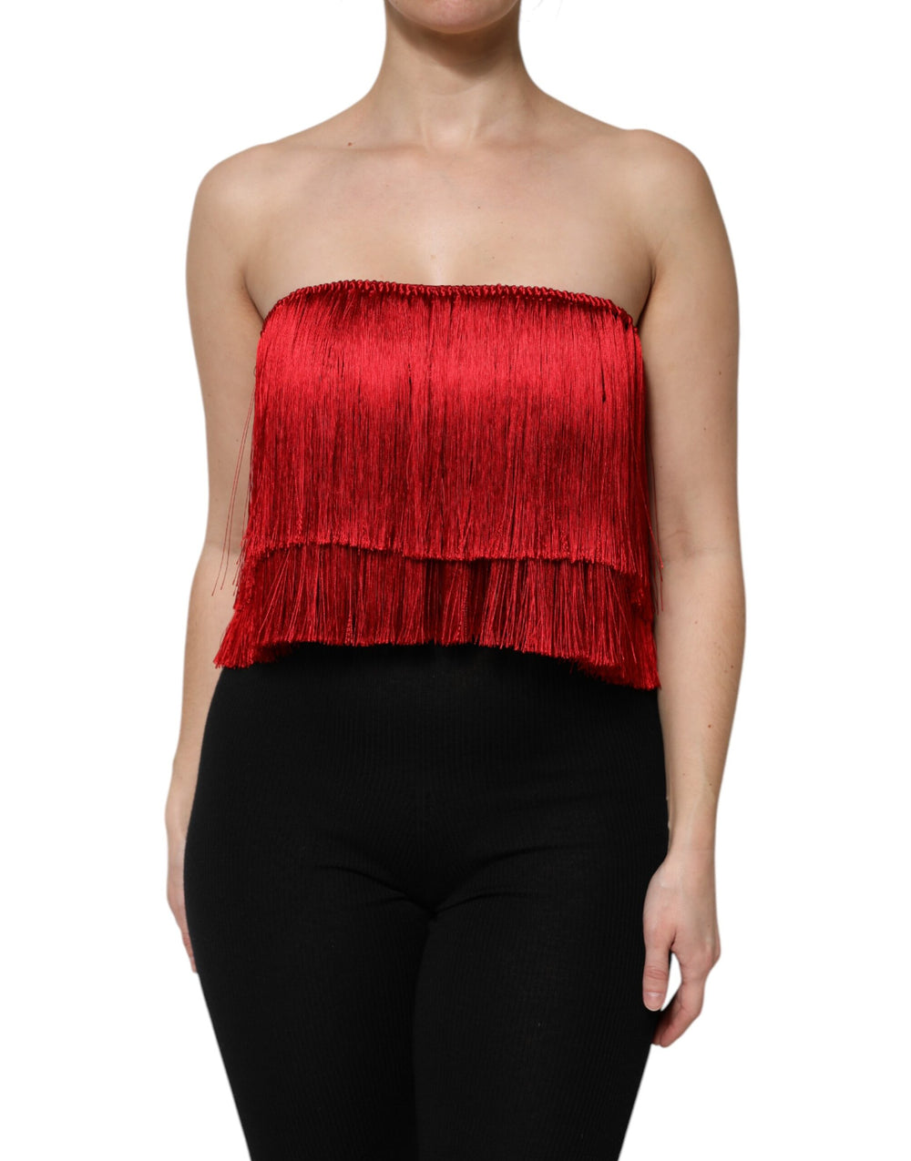 Dolce & Gabbana | Red Silk Strapless Fringe Crop Tube Top