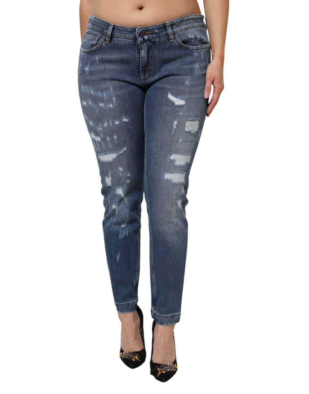 Dolce & Gabbana | Blue Tattered Cotton Low Waist Denim Jeans