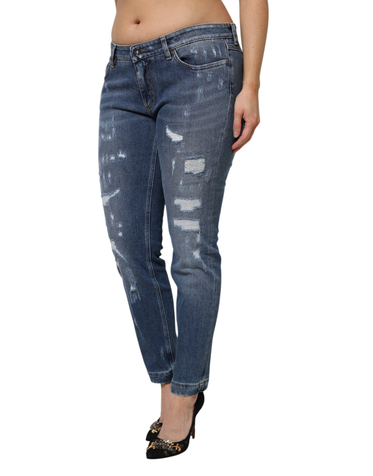 Dolce & Gabbana | Blue Tattered Cotton Low Waist Denim Jeans