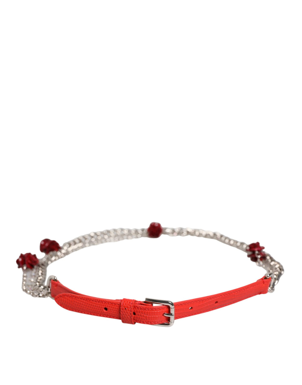 Dolce & Gabbana | Red Leather Silver Chain Floral Cintura Belt