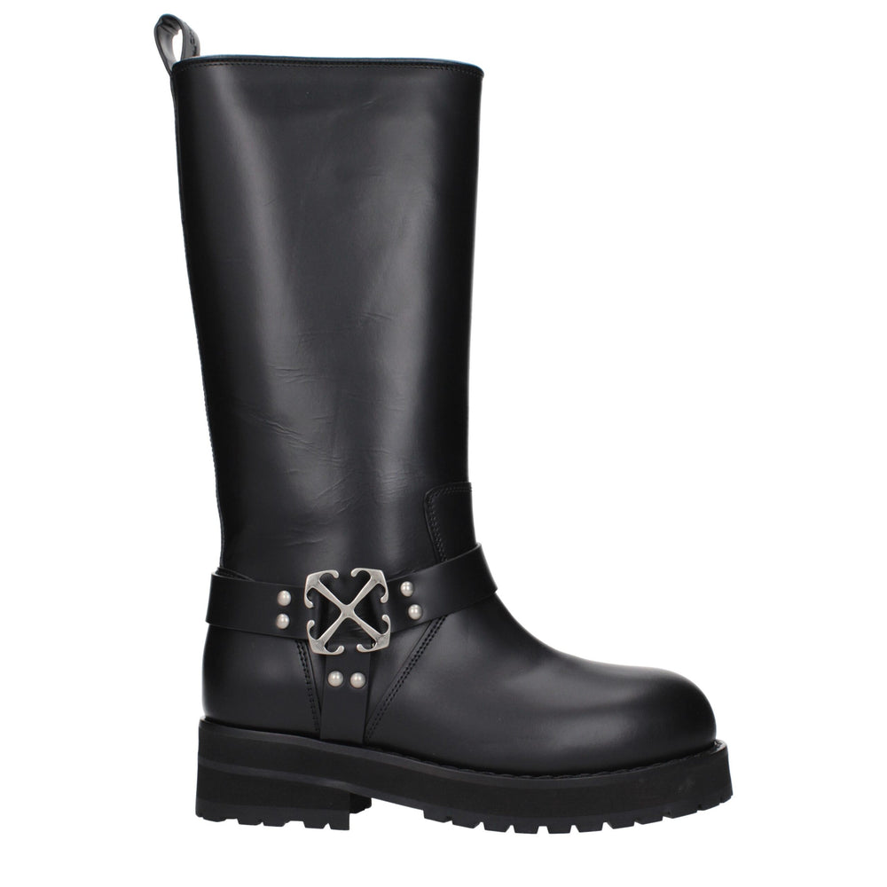 Off-White | Black Leather Flat Boots