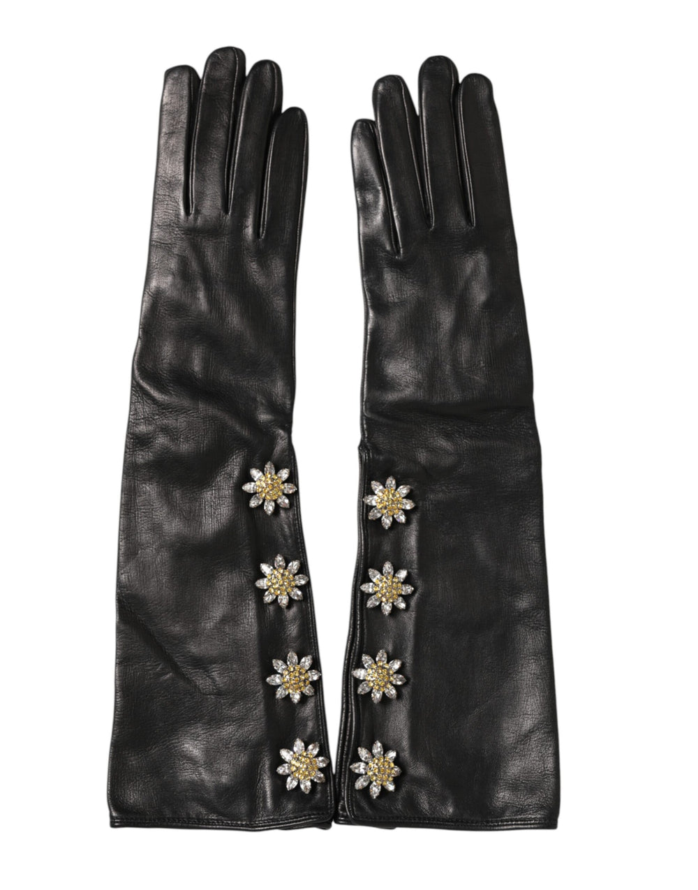 Dolce & Gabbana | Black Leather Embellished Long Mitten Gloves