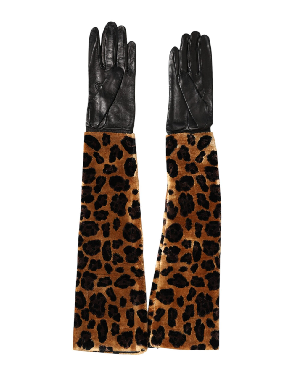 Dolce & Gabbana | Brown Black Leopard Leather Elbow Length Mitten Gloves