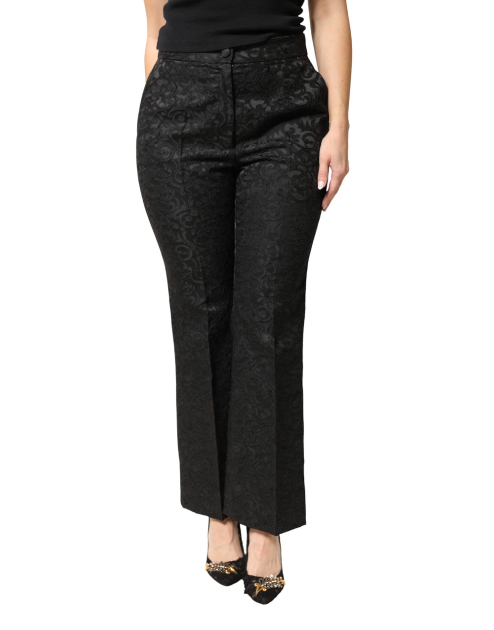 Dolce & Gabbana | Black Floral Brocade High Waisted Trouser Pants